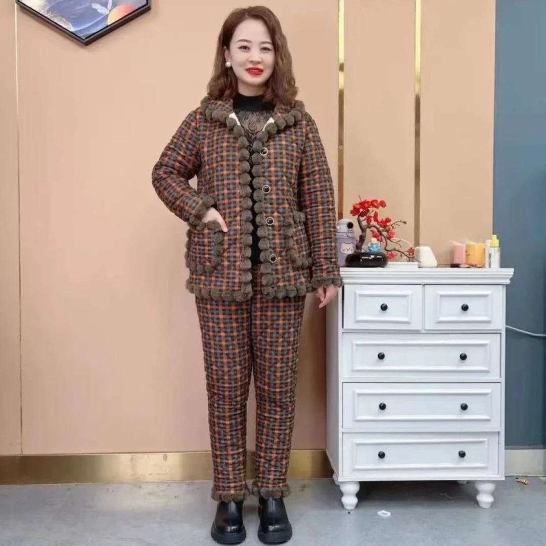 ＃324冬季新款加绒加厚棉衣套装时尚休闲洋气保暖妈妈套装家居服