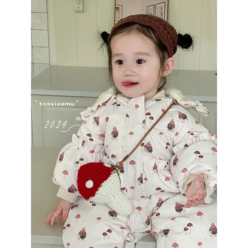 冬季零下加厚婴儿宝宝连帽保暖白鸭绒卡通满印小蘑菇羽绒服8508