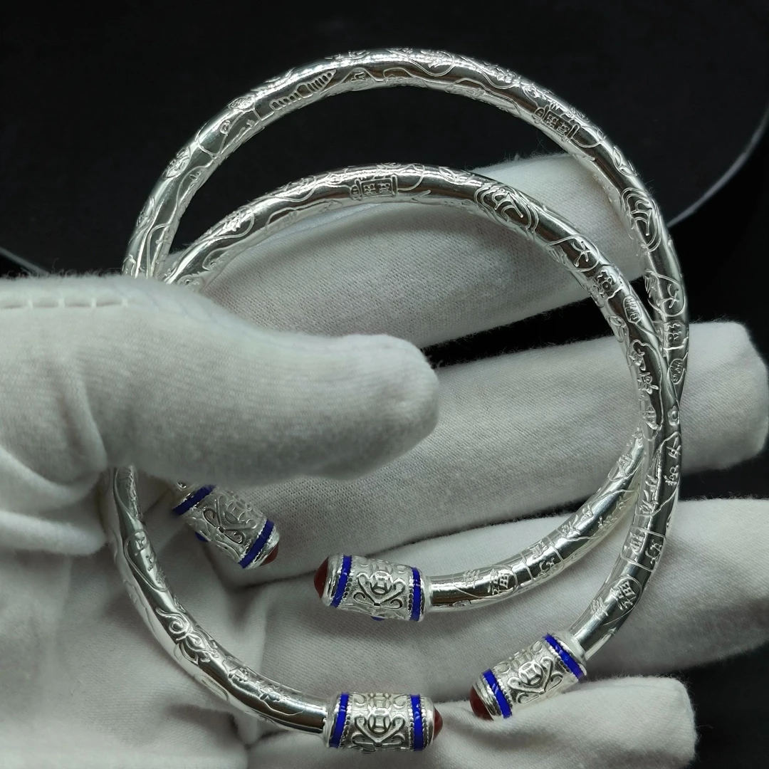 足银手镯 足银999.9吉言对珠开口可调节实心手镯