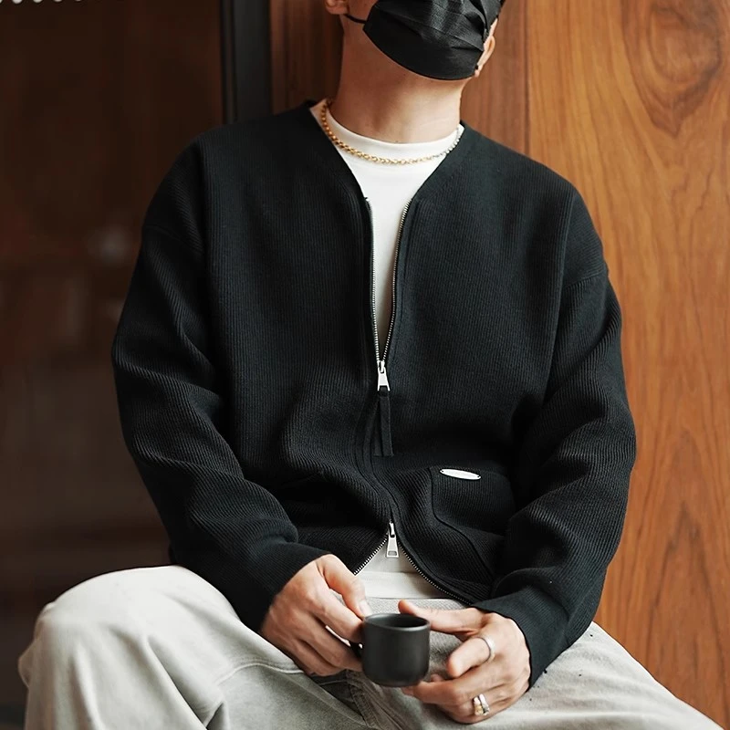 韩系穿搭学院风秋季薄款针织衫2024新款休闲轻熟男士V领夹克上衣