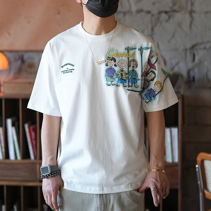 美式高街痞帅刺绣印花半袖上衣男生夏季复古宽松休闲圆领短袖t恤