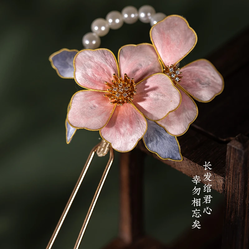 原创非遗绒花粉桃花发钗古风汉服配饰缠花头饰高级感新中式发簪