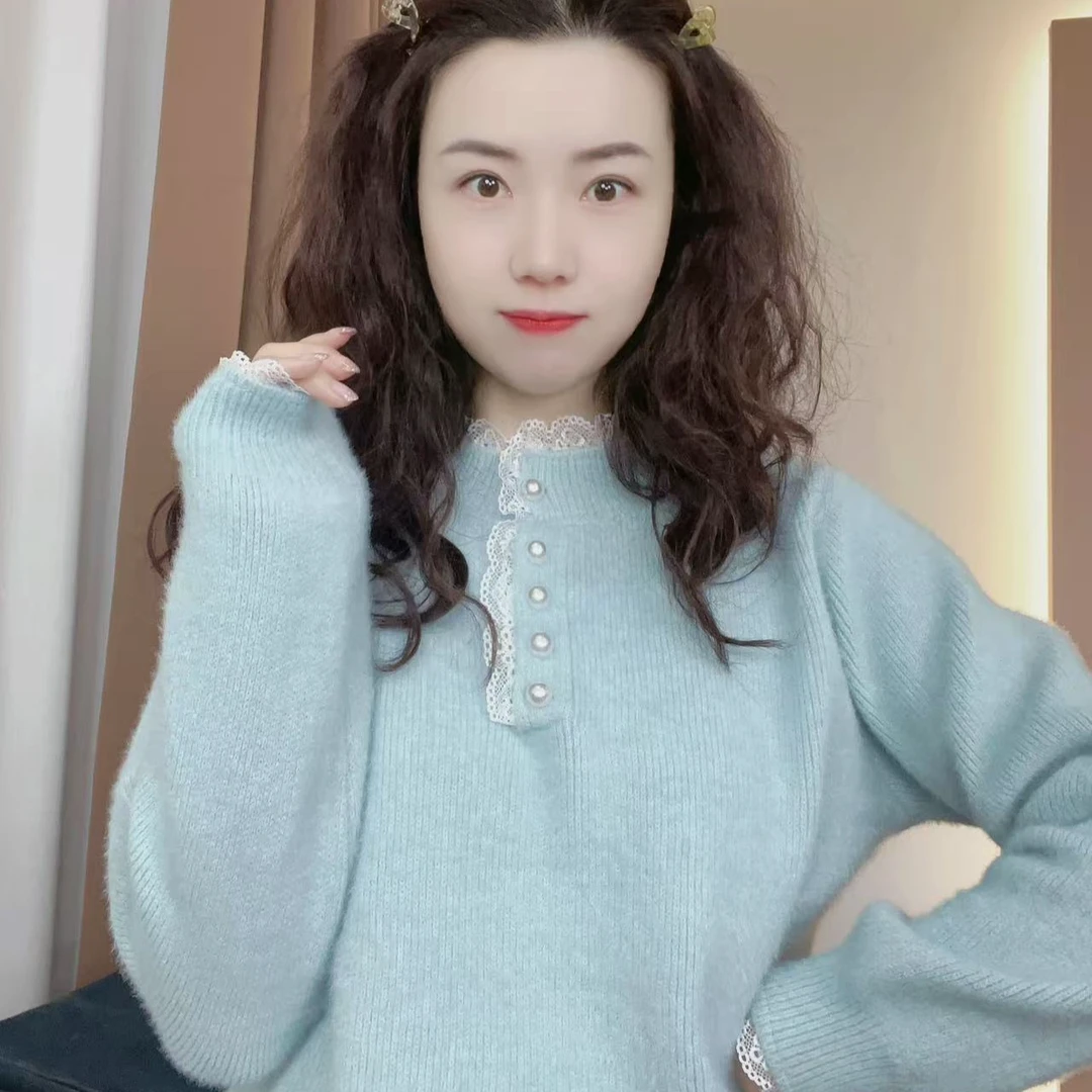 悠兰香~【爱丽丝】半高领蕾丝拼接毛衣女秋冬长袖保暖打底衫上衣
