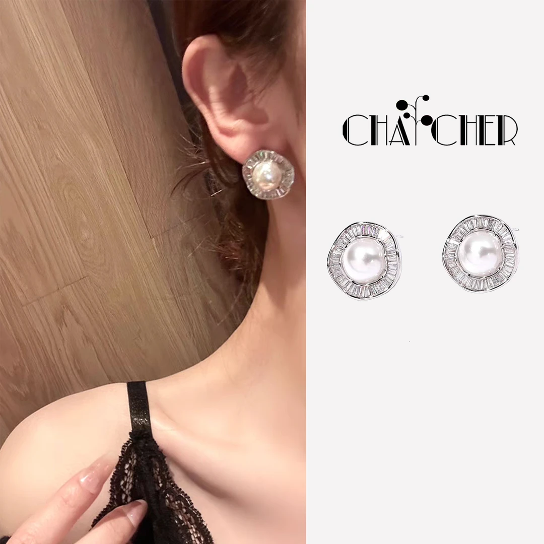 合金仿珍珠耳饰 圆形花边珍珠耳钉女简约小众设计感耳饰百搭精致