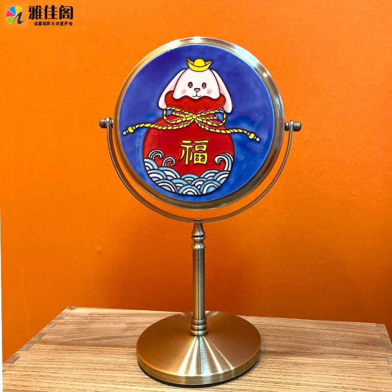 文创复古创意台式高清化妆镜装饰摆件三彩瓷板画桌面梳妆台镜子