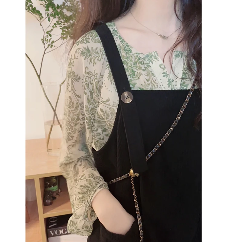 早秋宽松防晒衬衫雪纺衫上衣搭配复古坑条背带裙减龄两件套