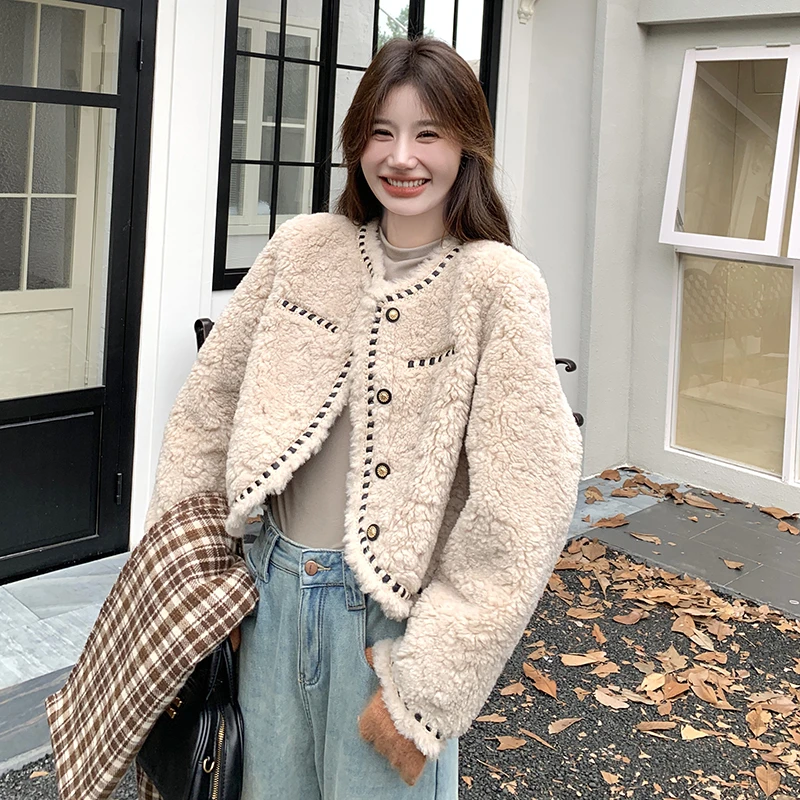 韩系chic小香风仿羊羔毛外套女秋冬2024新皮毛一体短款毛绒棉服