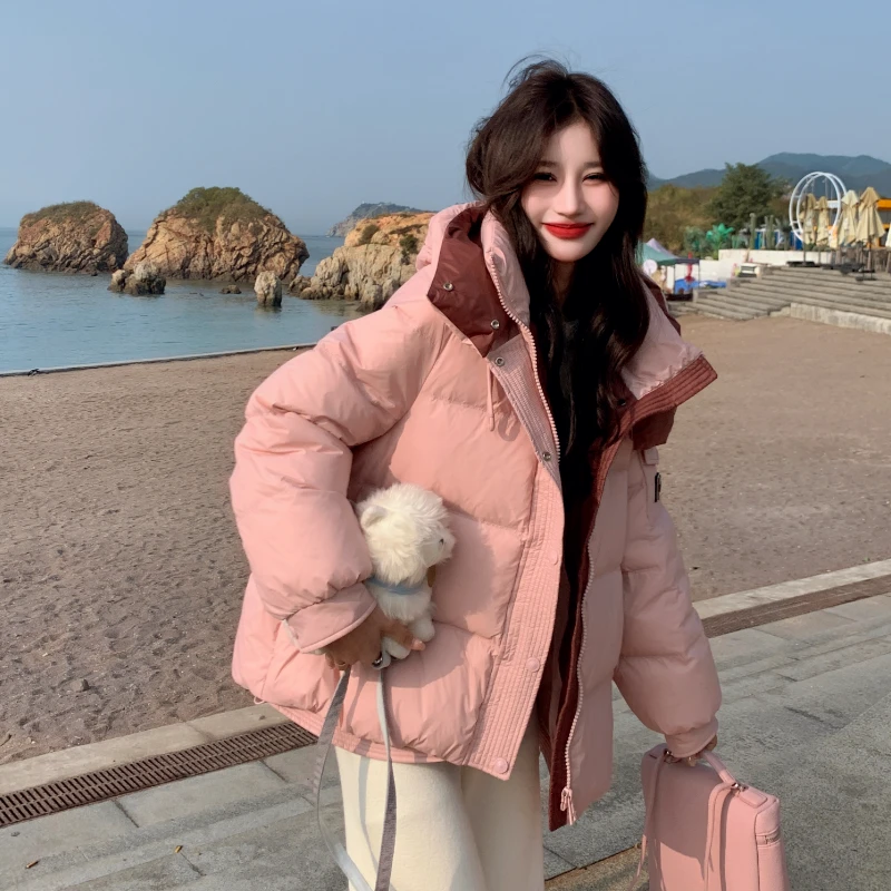 粉色羽绒服女冬季2024新款韩版oversize连帽加厚短款90白鸭绒外套