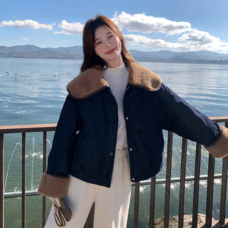 藏青色小个子仿羊羔毛羽绒服女冬季新款高级感显瘦加厚白鸭绒外套