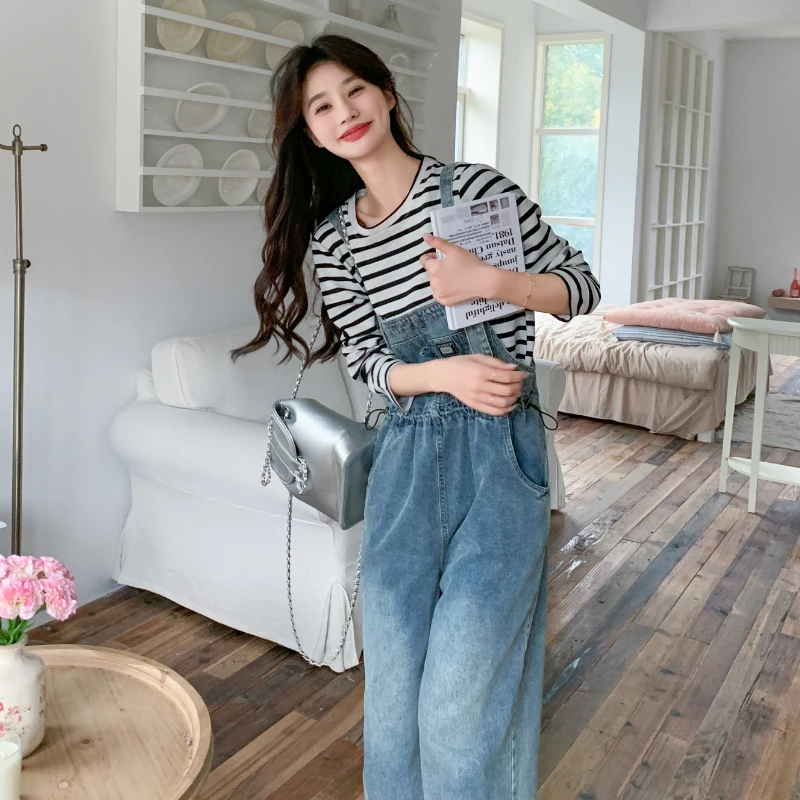蓝色复古牛仔背带裤套装女春2024新款高腰显瘦设计感休闲裤两件套