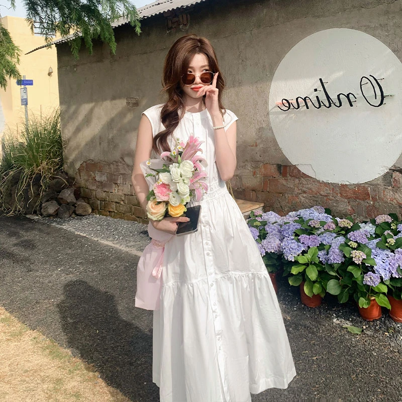 白色无袖连衣裙女中长款2025夏新款法式修身显瘦高级感过膝衬衫裙