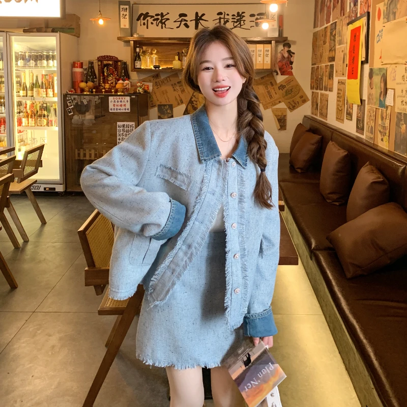 蓝色法式小香风牛仔短裙套装女2024春季新款复古外套半身裙两件套