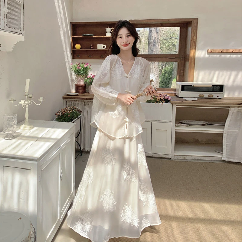 新中式国风套装裙女春夏款2024复古盘扣薄纱提花吊带连衣裙两件套