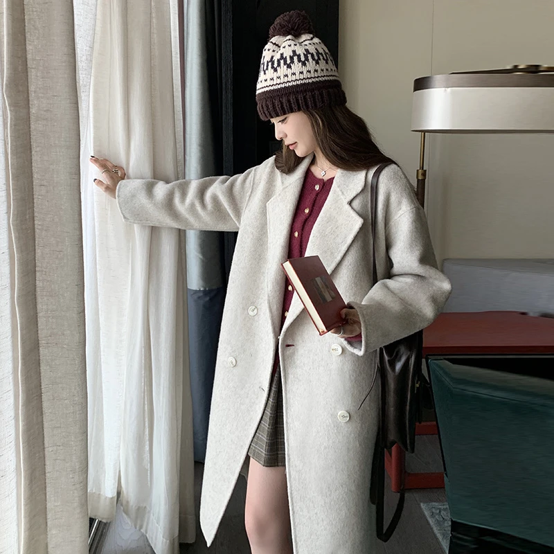 氛围感温柔系宽松羊毛双面呢大衣女2024年冬新款过膝加厚毛呢外套