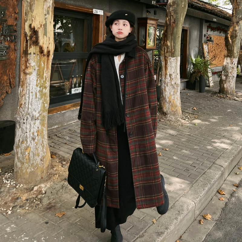 英伦风复古格纹中长款学生夹棉牛角扣气质毛呢大衣女中长款外套冬