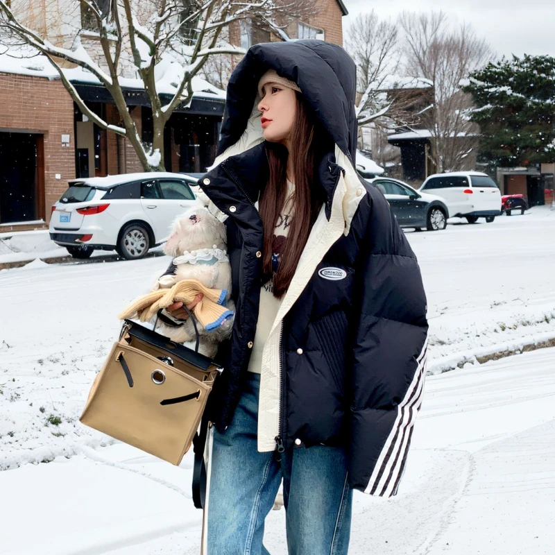 韩系冬季新款撞色条纹拼接设计感白鸭绒羽绒服短款小个子外套女