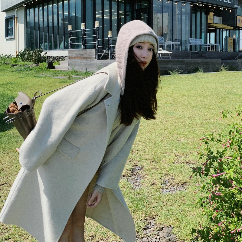 高级感假两件连帽双面羊毛大衣女秋冬2023新款爆款宽松加厚呢大衣