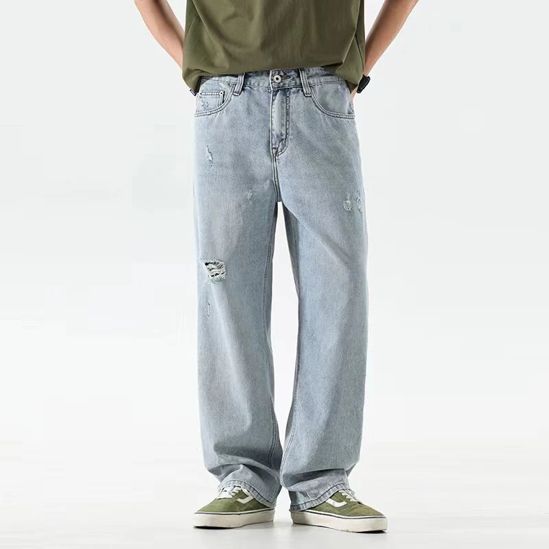 尾货清仓 浅色牛仔裤男士夏季美式复古高街长裤宽松阔腿直筒裤