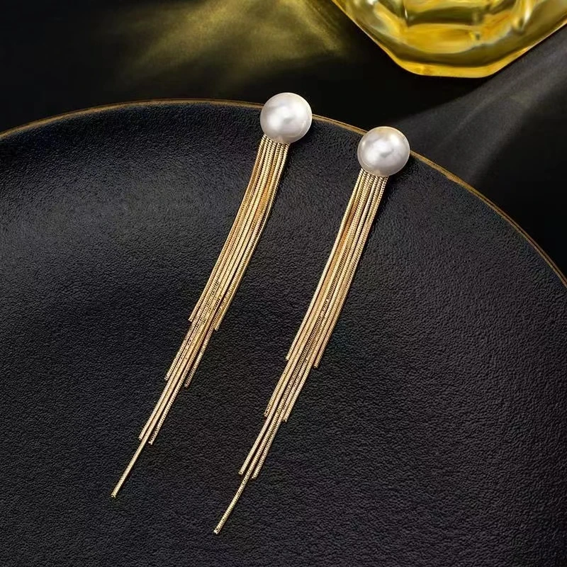 铜合金合成锆石耳饰 耳环轻奢小众百搭设计感耳钉长款流苏耳饰68