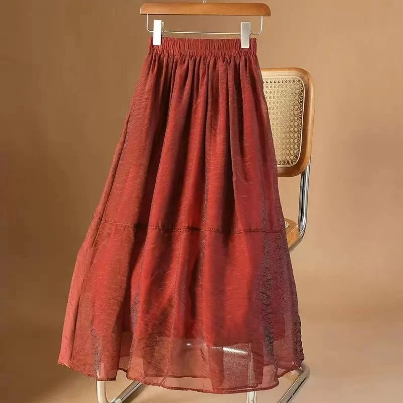 高档仙女半身裙夏高腰暮云纱拼接减龄半身裙中长款大摆A字裙