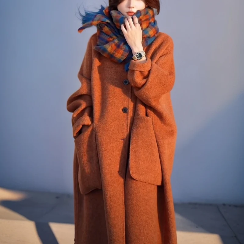 欧版立体3D大口袋斗篷羊毛大衣长款定制百搭时尚长款大衣女