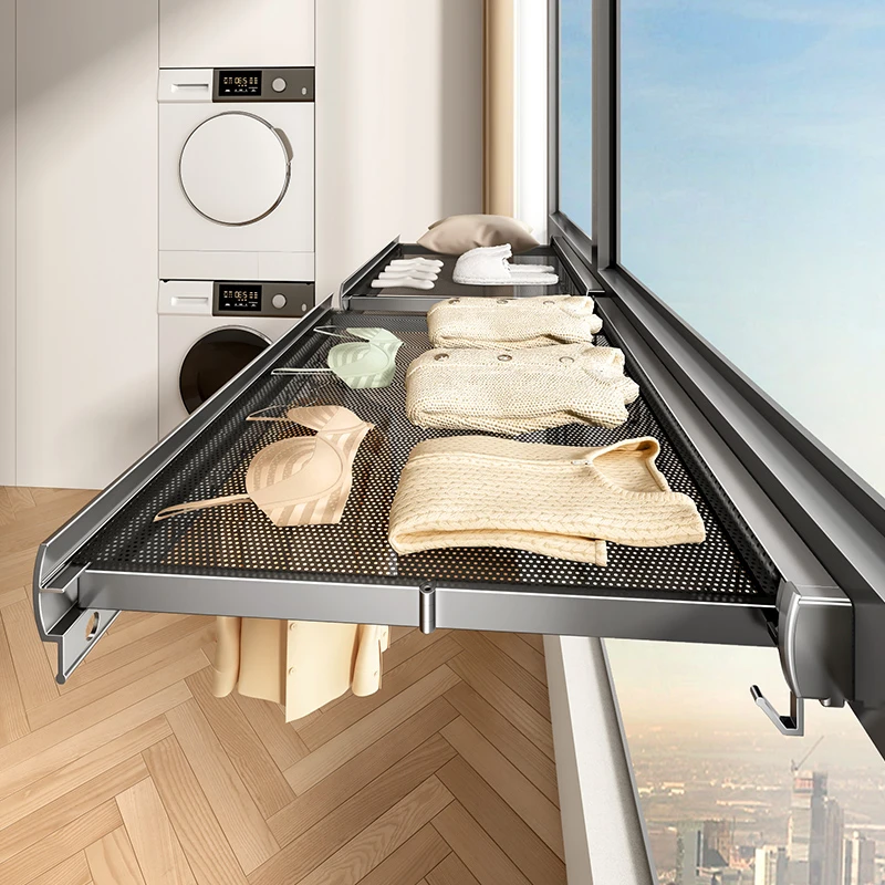 天地鱼可伸缩浴室晒鞋神器护栏窗外晾衣架免打孔折叠壁挂式晾晒网