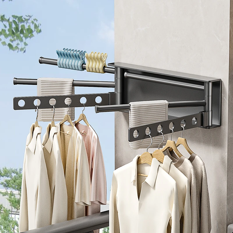 隐形折叠晾衣架阳台家用晾衣杆多功能晒衣服架子免打孔壁挂式衣架