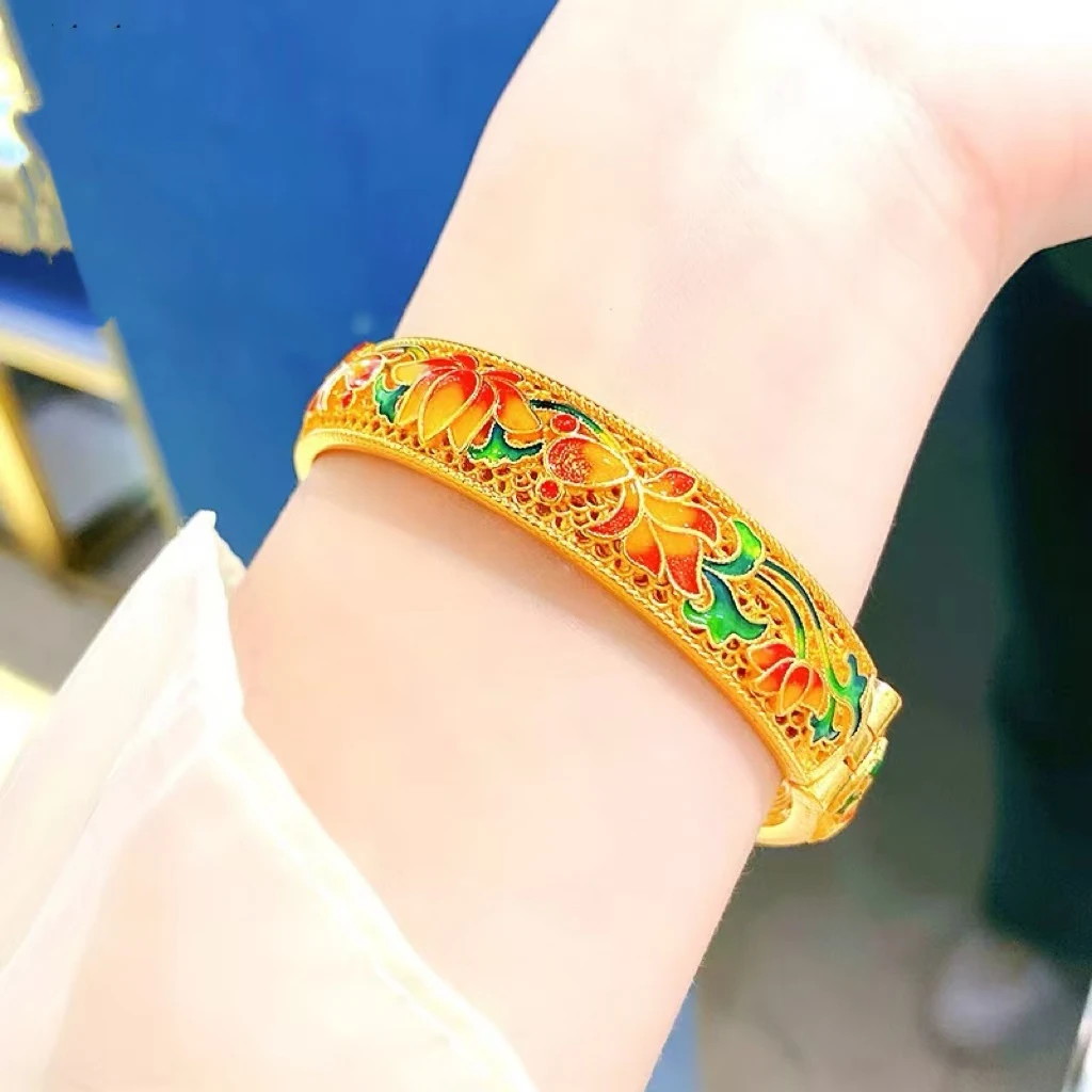 铜合金珐琅手镯 古法烧蓝荷花珐琅掐丝卡扣手镯女开口景泰蓝花丝