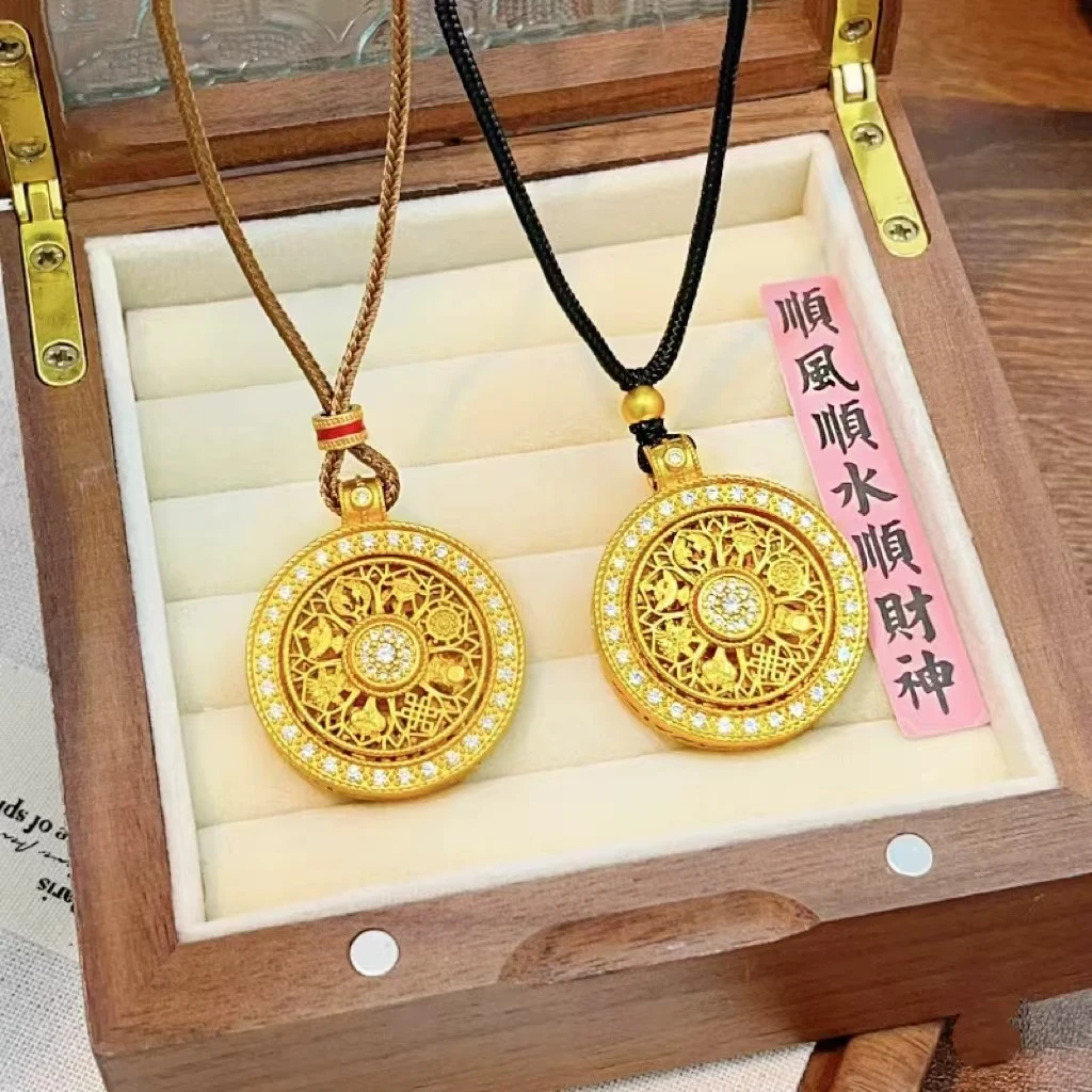 铜合金吊坠 精工大号八宝罗盘圆牌吊坠可旋转毛衣链国潮八宝罗盘