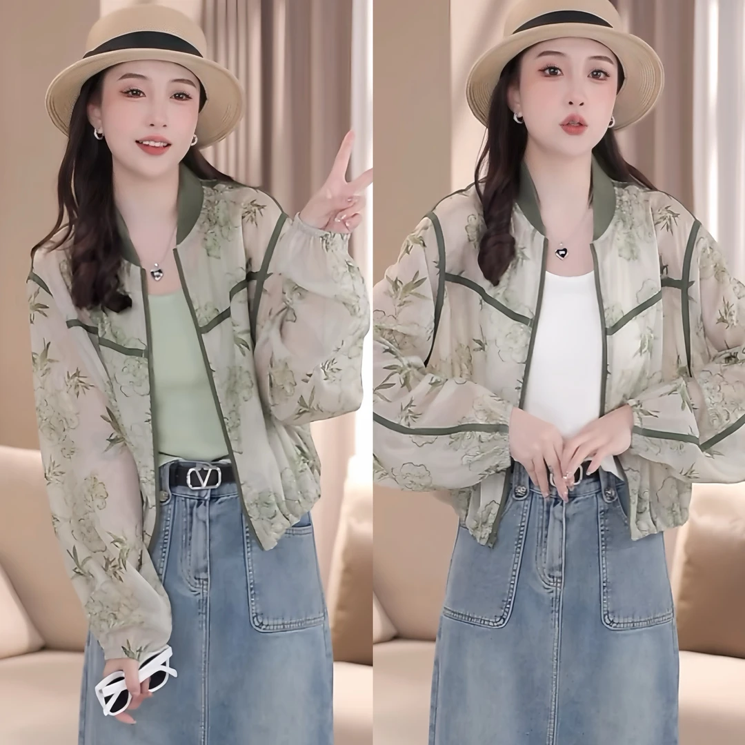 2024夏季透气薄款绿色时尚短款防晒外套女立领棒球款防晒服上衣