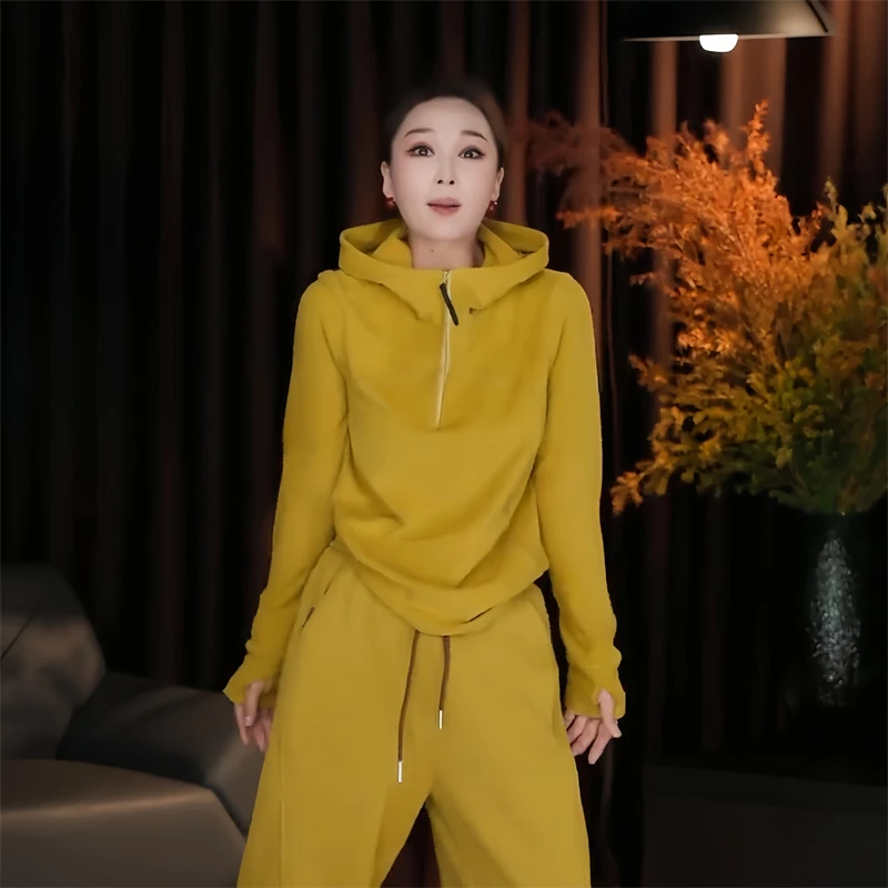 时尚纯色连帽设计长袖德绒卫衣女2025春季新款简约休闲百搭上衣潮