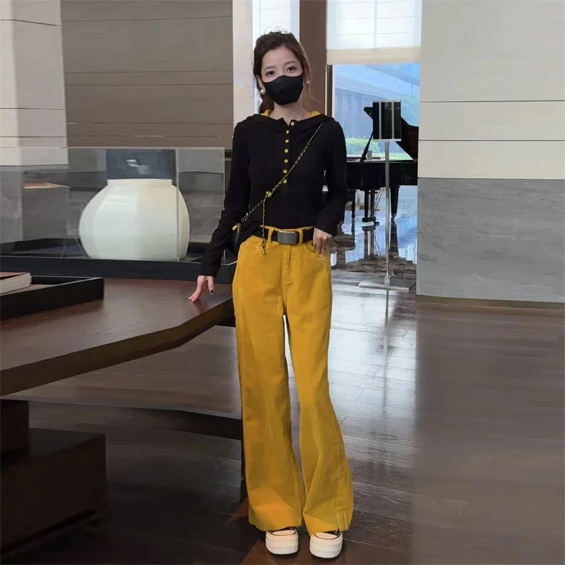 韩系通勤百搭显瘦套装女2025春季新款撞色卫衣高腰阔腿裤两件套潮