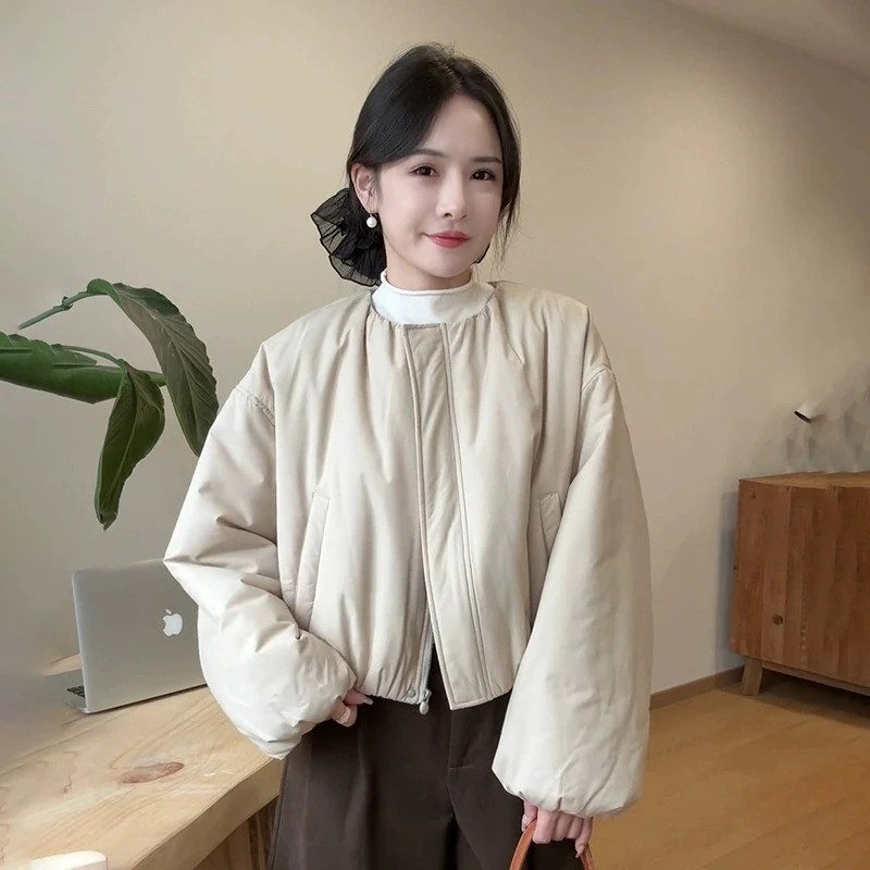 韩系设计感拉链上衣外套女2025年冬季新款宽松显瘦纯色百搭棉服潮