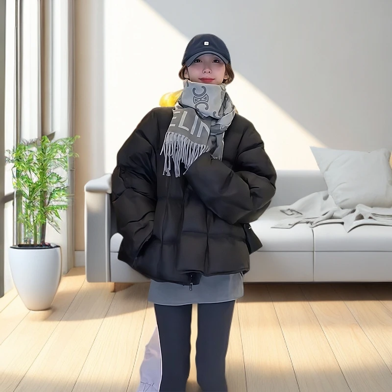 韩系通勤百搭圆领宽松设计感棉服女2025冬季保暖慵懒时尚纯色外套