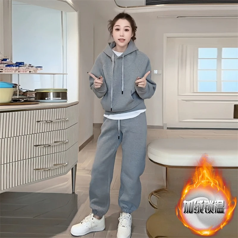 韩系纯色百搭一整套女装2025冬季新款加绒加厚连帽卫衣高腰束脚裤