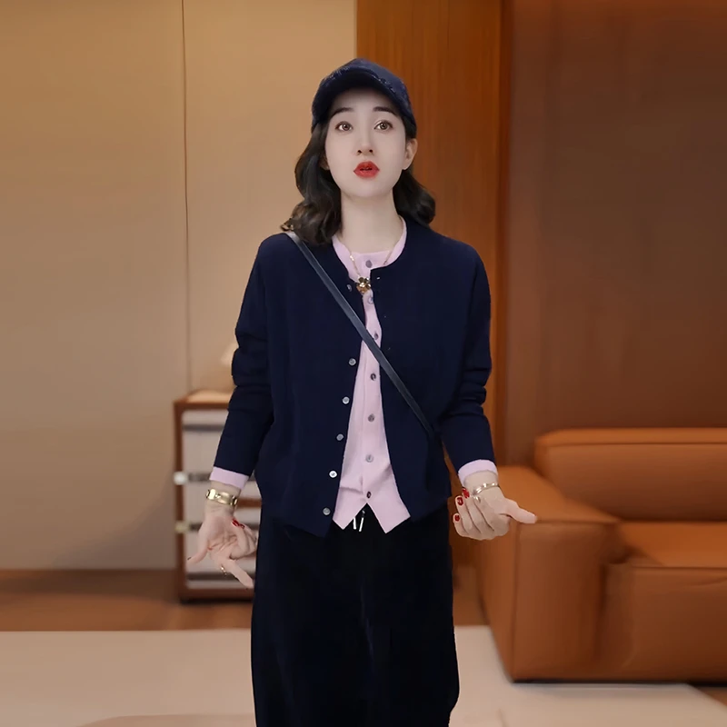 韩系减龄百搭假两件针织衫女2025春季新款拼接设计圆领长袖上衣潮