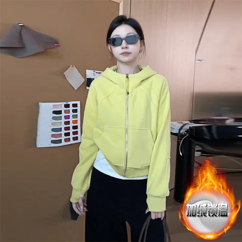 韩系简约通勤加绒加厚卫衣女2025冬季新款纯色连帽开衫设计外套潮