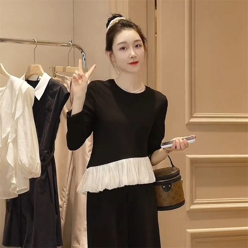 长袖春季独特漂亮t恤新款假两件网红设计感上衣黑色圆领休闲女装