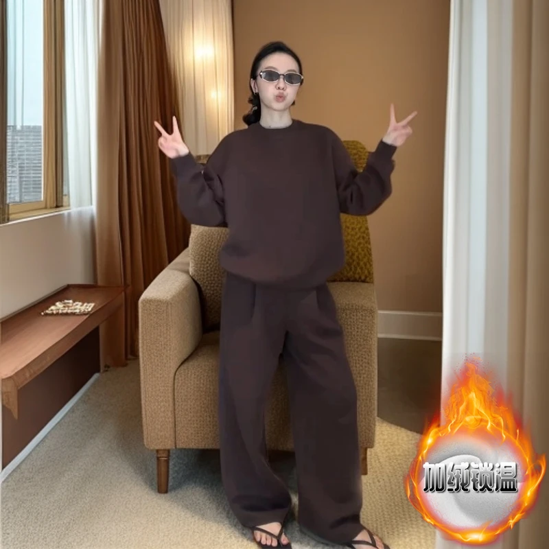 美式复古纯色圆领卫衣休闲裤套装女2025冬季新款宽松显瘦两件套潮