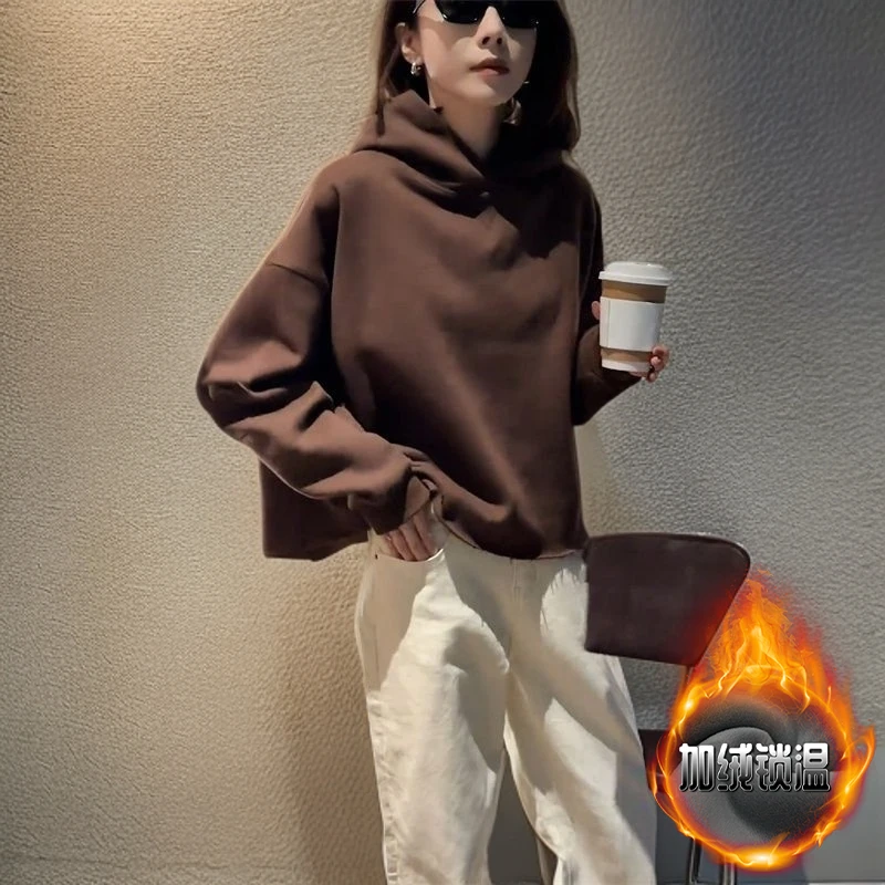 法式复古高级加绒加厚连帽卫衣女2025冬季新款设计感小众洋气上衣