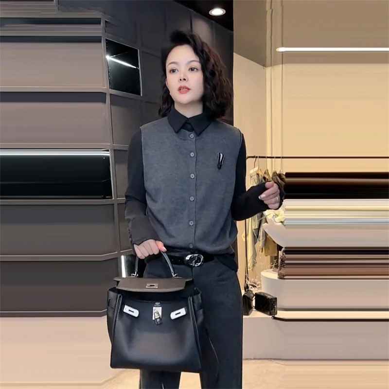 韩系减龄纯色休闲套装女2025春季新款显瘦T恤针织开衫马甲两件套