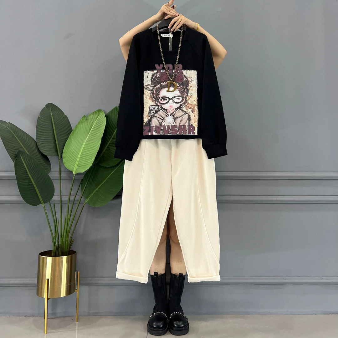 卡通印花卫衣女秋季新韩版通勤休闲百搭运动大码女装胖美减龄套装