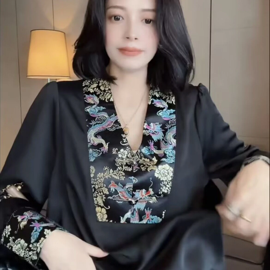 中式复古风提花拼接长袖V领衬衫时尚女士小衫打底衫显瘦单件上衣