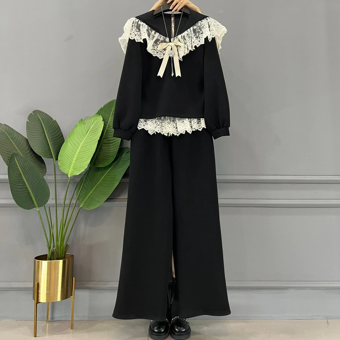 大码女装翻领拼接蕾丝边长袖上衣阔腿裤胖妹妹韩版休闲显瘦两件套