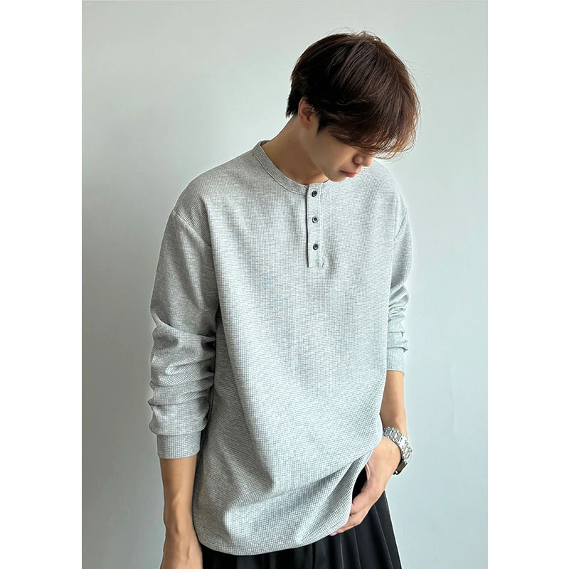 亨利领长袖t恤男女纯色内搭打底衫针织宽松复古条纹肌理感休闲