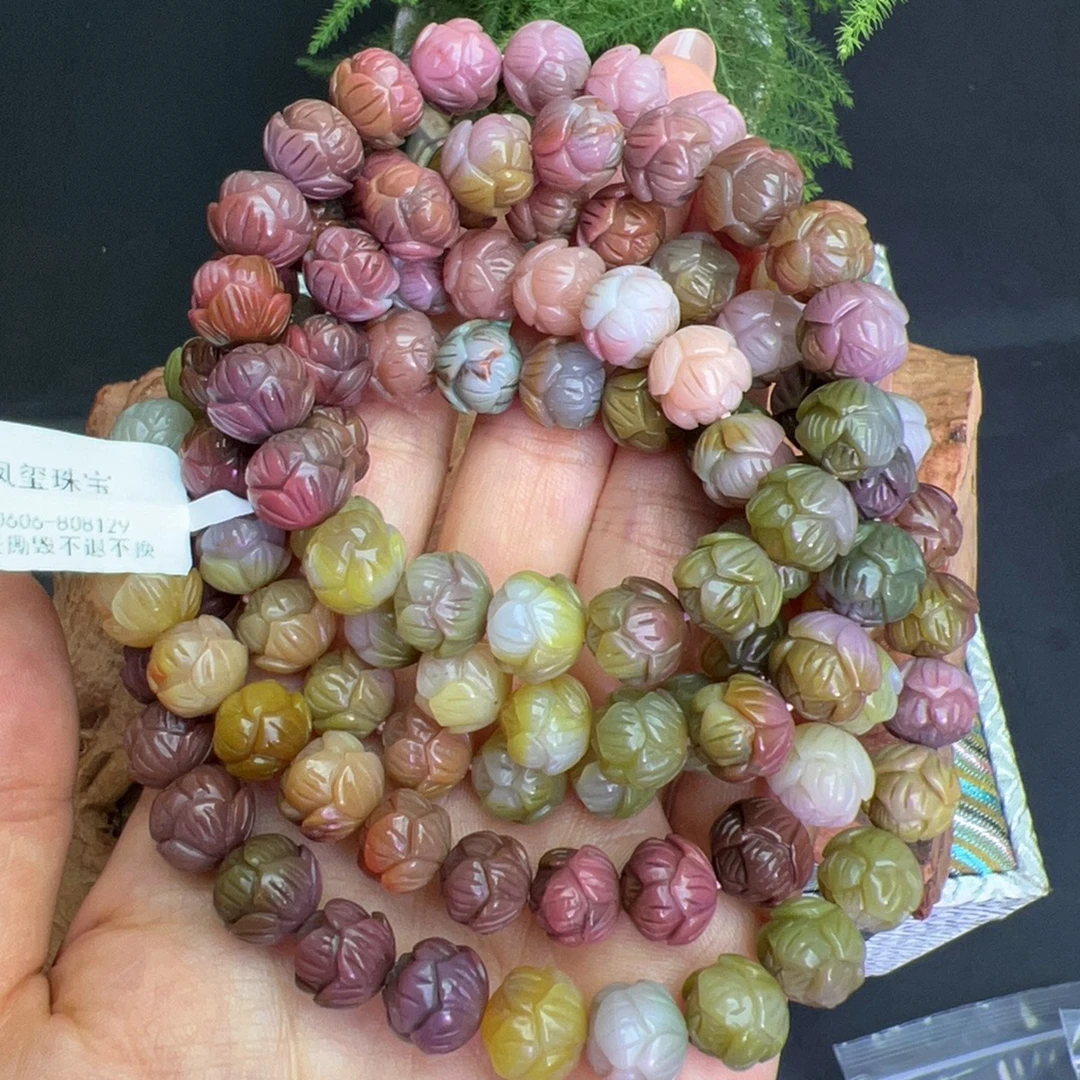 凤玺天然老矿盐源玛瑙精美精雕莲花多圈气质时尚百搭手串