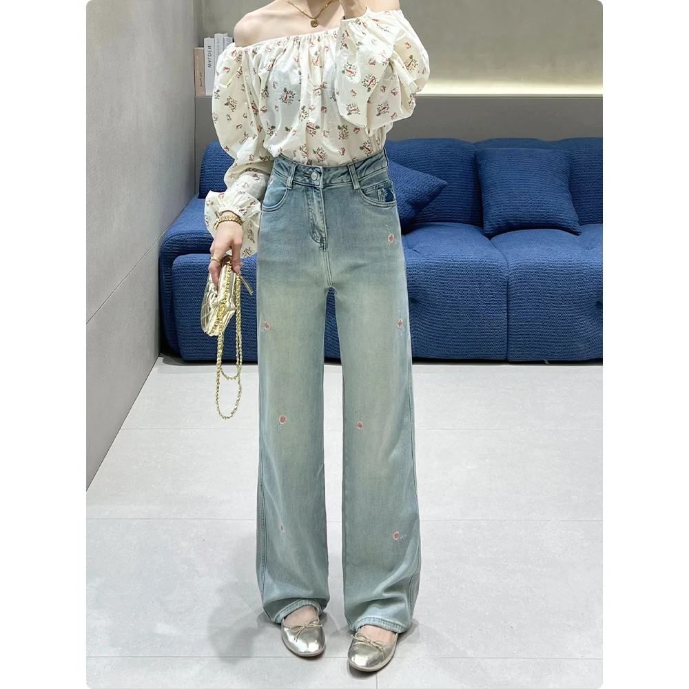 9690绣花直筒堆堆裤国风牛仔裤韩版阔腿裤新款显瘦超柔设计感