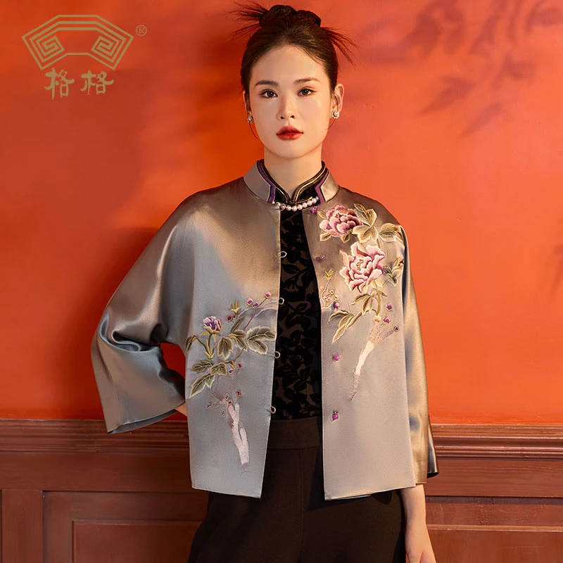 格格银紫牡丹-三醋酸重工刺绣传统中式上衣G33BE021195