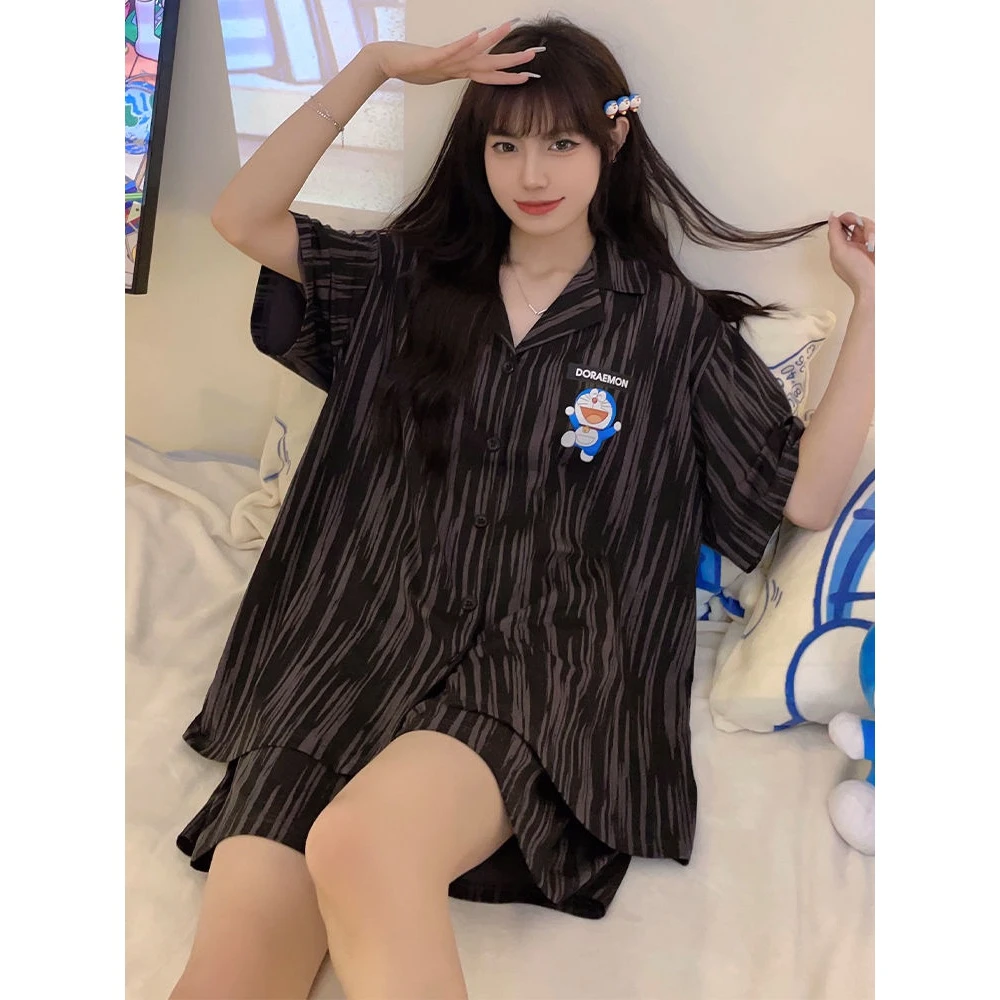 【运补】大码妹妹女款ins短袖短袖短裤胖黑色睡衣女条纹睡衣长款家