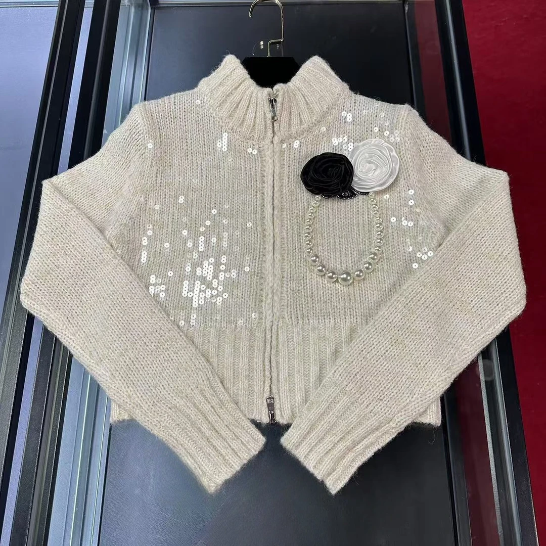 E325亮片针织开衫女高领重工时尚百搭秋冬毛衣外套立领